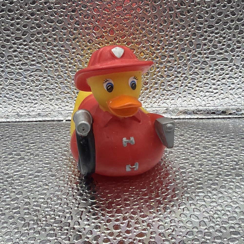 VTG Firefighter Rubber Duck Bath Toy Jeep Collectible Red Uniform‎ Hose Axe 2007